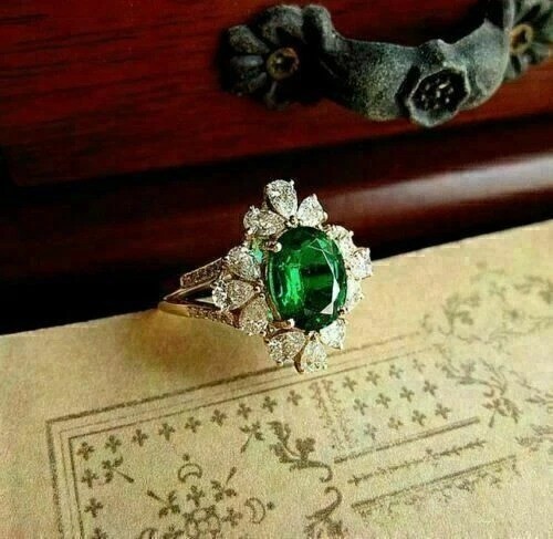 Oval Cut Emerald & lab Created Diamond Engagement 14Ct Yellow Gold Finish Ring