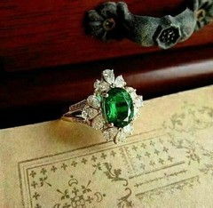 Oval Cut Emerald & lab Created Diamond Engagement 14Ct Yellow Gold Finish Ring