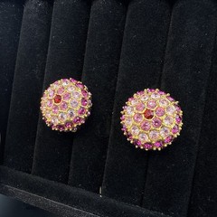Joan Rivers Earrings Pink Purple Rhinestone Domed Round CLIP ON Cocktail Vintage