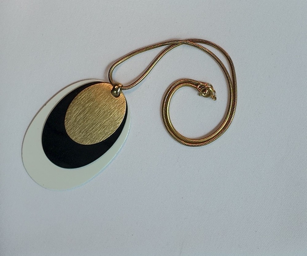 Vintage Mod Enamel Pendant Necklace Black White Gold Oval on Snake Chain