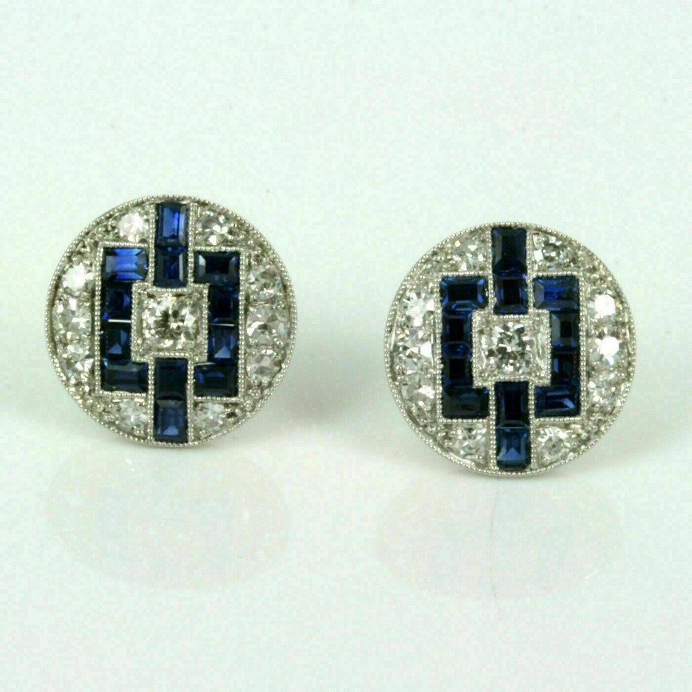 Art Deco Style Lab-Created Sapphire Diamond Engagement 14k White Gold FN Earring