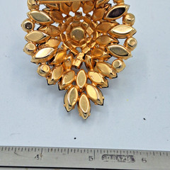 Jet Black & Topaz Orange Rhinestone Domed Brooch Gold Tone D&E? Style 2.25″