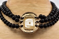 Vintage Black Bead Faux Pearl Rhinestone Enamel Multi Strand Choker 1980s BinBH