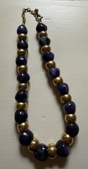 Vintage Chunky Bead Necklace Purple Stone Gold Tone Choker Heavy 15-16”