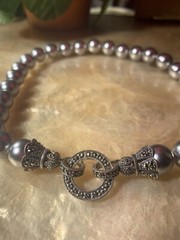 15.5”IN VINTAGE STERLING SILVER & MARCASITE CLASP W 15MM GRAY FAUX PEARLS