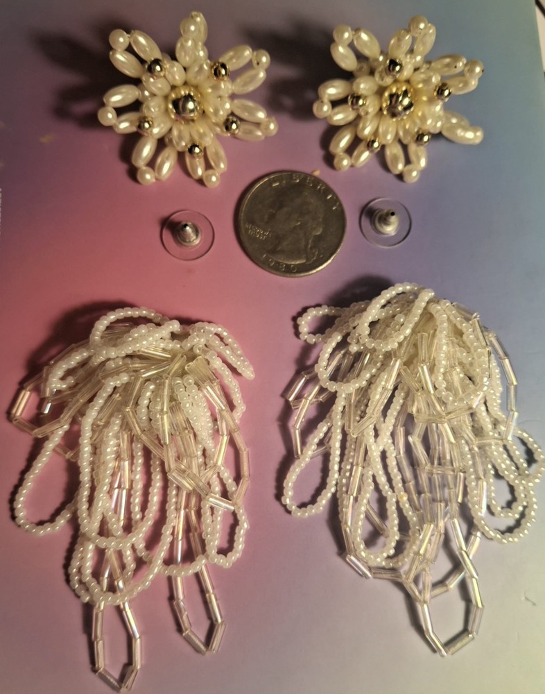 No brand pre-owned 2 pairs of faux pearl cluster and seed bead dangle earrings
