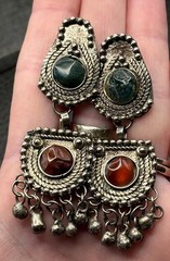 Vintage Boho Tribal Silver Tone Dangle Earrings Green Red Gemstone