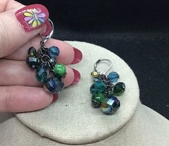 Vintage Dark Silver Tone Costume Green & Blue Glass Beaded Drop Earrings F998