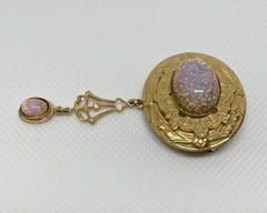 Victorian Revival Czech Foiled Opal Glass Brooch Oval Gold Tone With Dangle