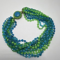 Vintage Multi Strand Hearts Necklace Acrylic Green & Blue Gold Toned Size 16”