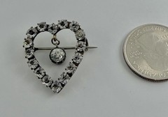 Antique Victorian Clear Paste Stones Heart Silver Brooch & Paste Dangle Center