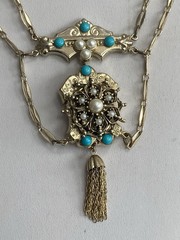 Vintage Victorian Revival Necklace Earrings Faux Pearl turquoise Festoon Tassel