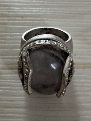 Signed Kim Fowley Statement Ring Silver Tone Gray Cabochon Rhinestone Vintage