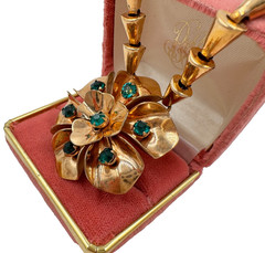 BARCLAY SIGND 12K GOLD FILLED GORGEOUS FLORAL NECKLACE 15″ EMERALD CLR GREEN STN