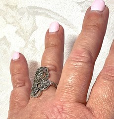 C&C Rhodium Electroplate Clark & Coombs Art Deco Marcasite Rose Flower Ring VTG