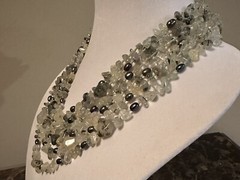 Vintage Tourmalinated Prehnite Nugget Necklace W/Bicone Beads, Freshwater Pearls
