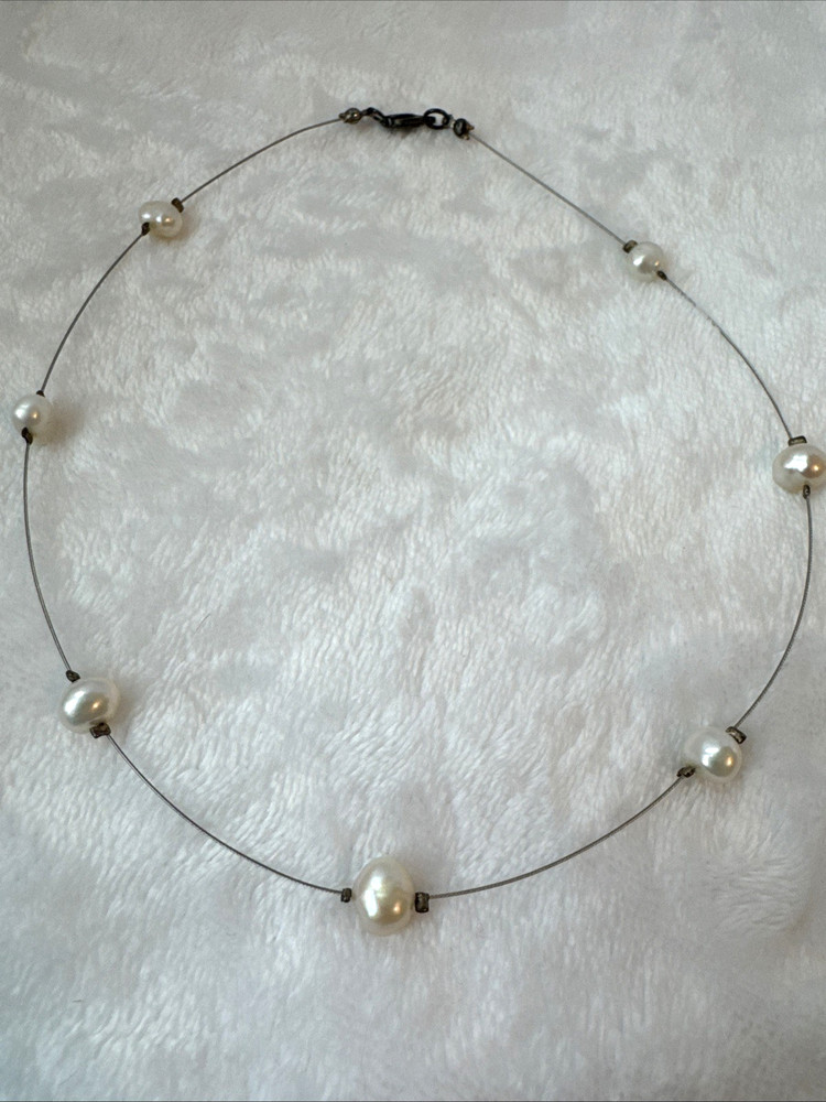 STUNNING demure Sterling Silver 925 baroque genuine pearl chain Necklace y2k 90s