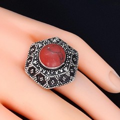 Vintage 5.50ctw Red Coral Cabochon Silver Ring Size 8