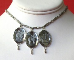 Vintage Jewelry Set: Reversed Etched Glass Necklace & Earrings/Boho/Shabby Chic