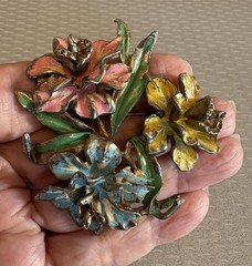 Vintage Pot Metal Enamel Orchid Flower Bouquet Brooch Pink Yellow Blue Green