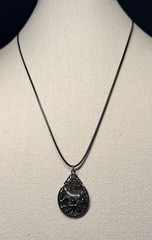 Vintage Gothic Silvertone Scrollwork Teardrop Pendant On Cord Necklace