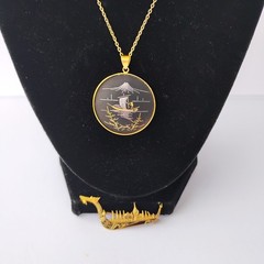 Vintage Japanese Damascene Amita Pendant Necklace plus Petite Dragon Boat Brooch