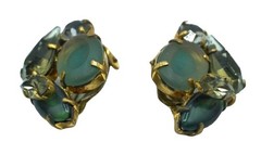 Vintage West Germany Earrings Shades of Green Rhinestones Blue Signed Jewelry