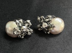 Miriam Haskell Large Signed Baroque Pearl Rhinestone Clip Earrings Vintage