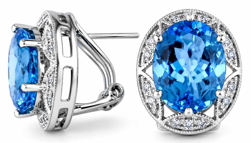 LARGE 5.30CT DIAMOND & AAA BLUE TOPAZ 14KT WHITE GOLD 3D FLOWER CLIP ON EARRINGS