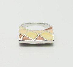 Vintage sterling silver brown pink yellow enamel funky geometry ring sz 8.5