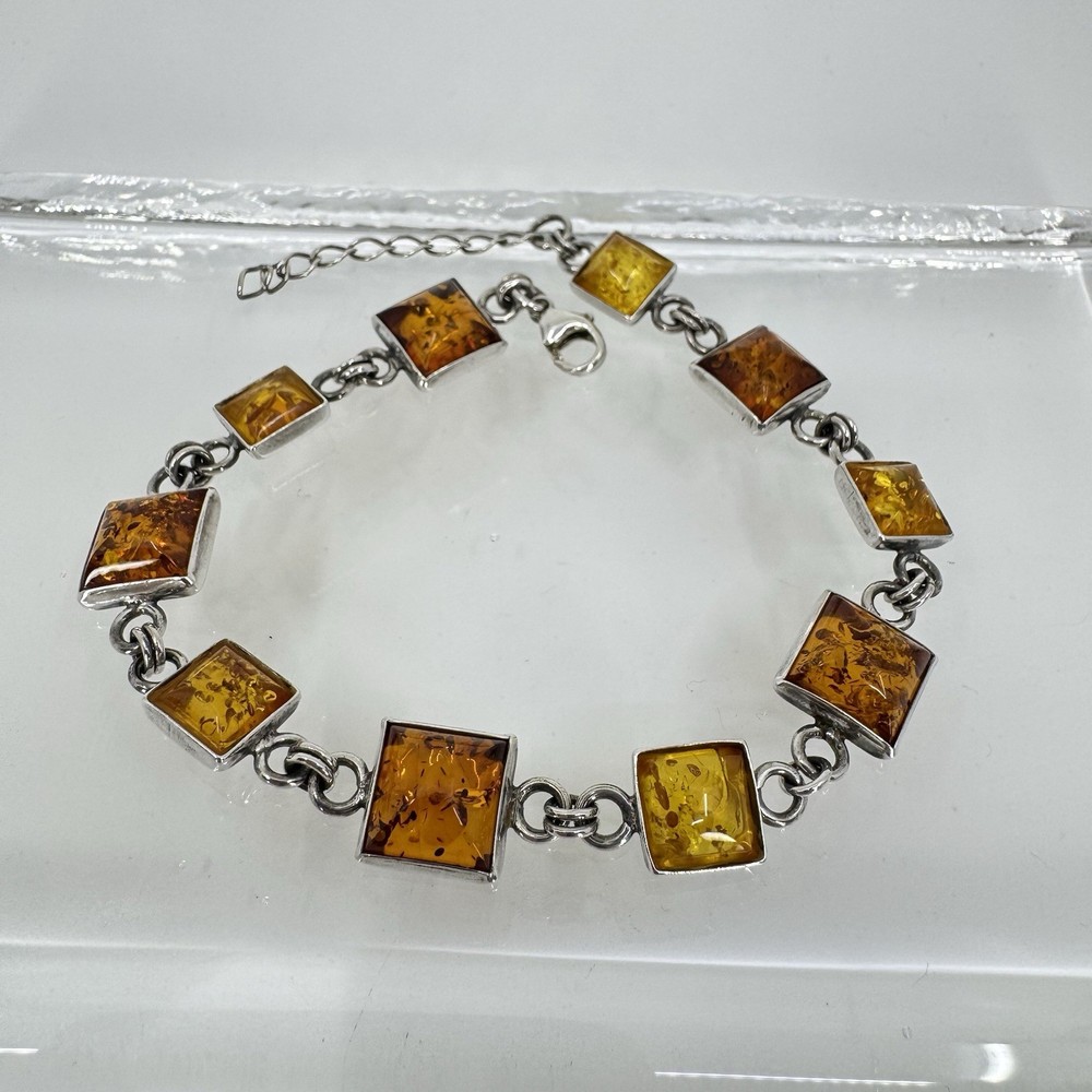 Vintage Sterling Silver Amber Link Bracelet 8.5-9.75” Adjustable 13.7g