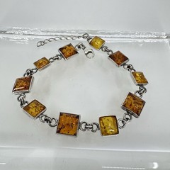 Vintage Sterling Silver Amber Link Bracelet 8.5-9.75” Adjustable 13.7g