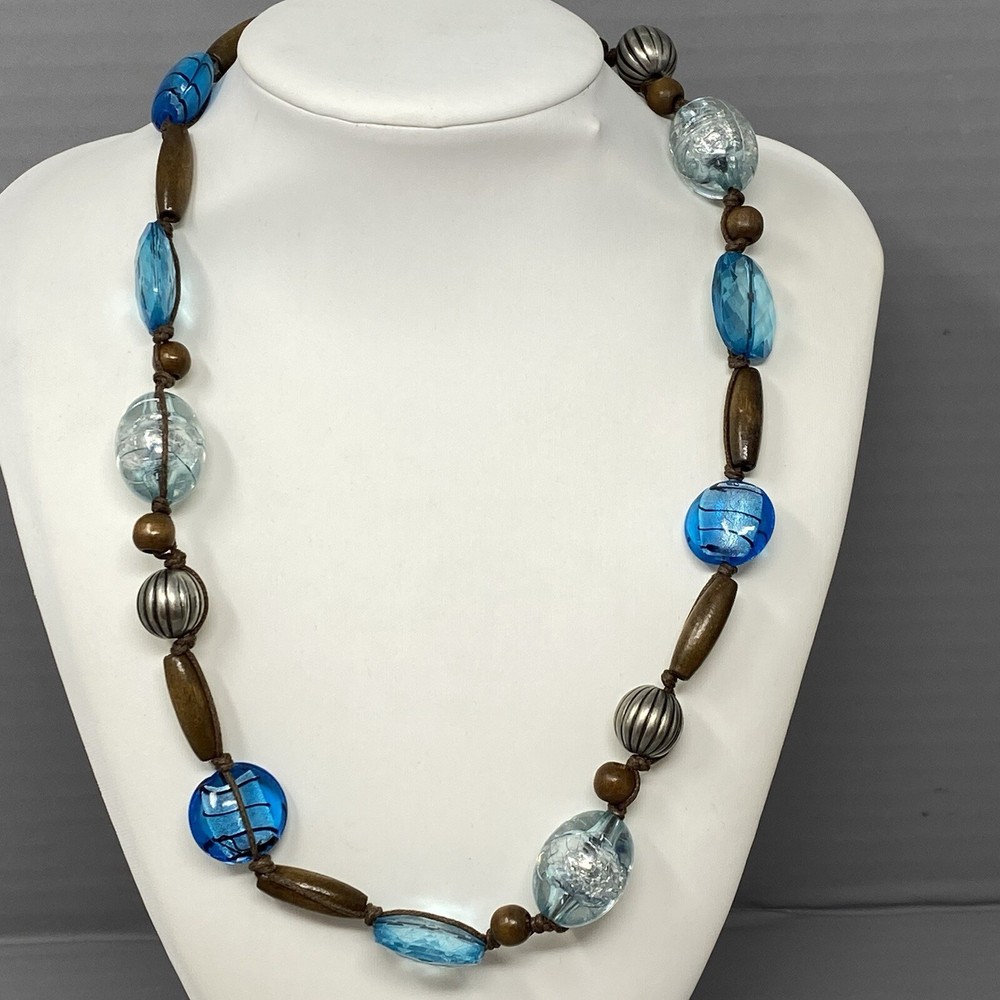 Beaded Necklace Blue Glass Fused Foil Acrylic Crackle Faceted Wood Metal 21″
