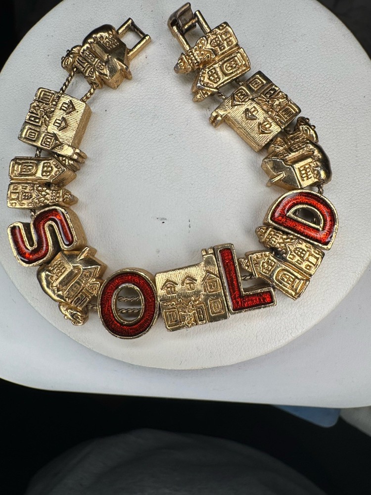 Vintage 70s Realtors Sold House Home Slider Charm Bracelet Gold Tone Red Inlay