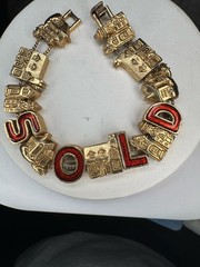 Vintage 70s Realtors Sold House Home Slider Charm Bracelet Gold Tone Red Inlay