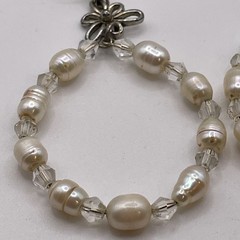 Earrings Vintage Glass Beaded Faux Pearl Hoop Silver Tone Metal Dangle Jewelry