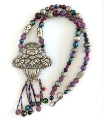 Bold 80s Eclectic Boho Roxsann Purple Floral Pewter Repousse Statement Necklace