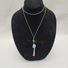 Vintage SHB Turquoise Howlite Tassel Pendant Gold Tone Chain Necklace 33″ Long
