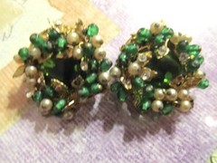 VtG Haskell Style Wired Green Glass Bead Faux Pearl & Rhinestone Clip Earrings