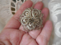 Vintage 925 Mexico Signed Filigree 3D Intricate Spun Wire Flower Brooch 45mm