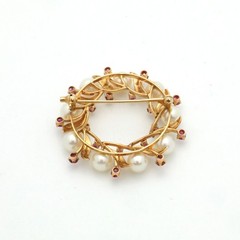 Vintage 1950’s 14K Yellow Gold Pearl & Natural Ruby Wreath Brooch-1.5” Diameter