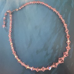 VTG Pink AB Crystal Bead Necklace Faceted Aurora Borealis Coated 1950s 21″