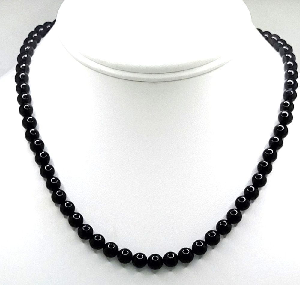 Vintage Black Onyx 6mm Round Beaded Necklace 12 KT GF Fishhook Clasp 16″
