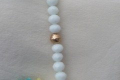 #17/20A NECKLACE 16″L WHITE GLASS BEADS w YELLOW BLUE GREEN THREAD TASSELS BY V