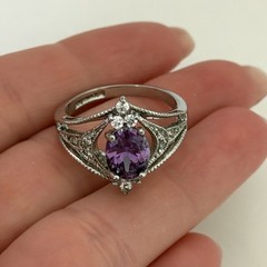 Vintage White Gold Plated Purple Clear CZ Stone Ladies Band Ring Size 8