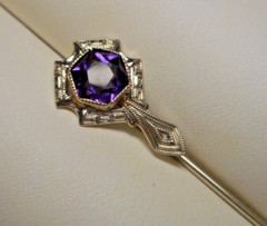 Antique Signed Belais Art Deco 18K White Gold Filigree & Amethyst Stickpin