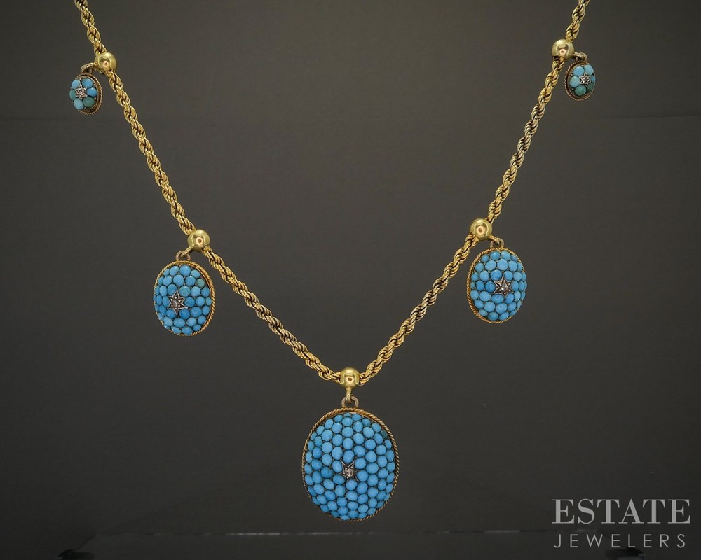 Antique Victorian 20k Yellow Gold Turquoise & Diamond Necklace 30g 17″L p23058