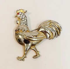 Vintage Clear Red Rhinestone Rooster Chicken Brooch