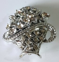 Vintage Bright Silver-tone Flower Basket Brooch w/ Sparkling White Rhinestones
