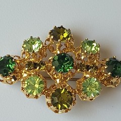 Vintage Signed Austria Asymmetrical Gold Tone Brooch w/ Green Round Rhinestones